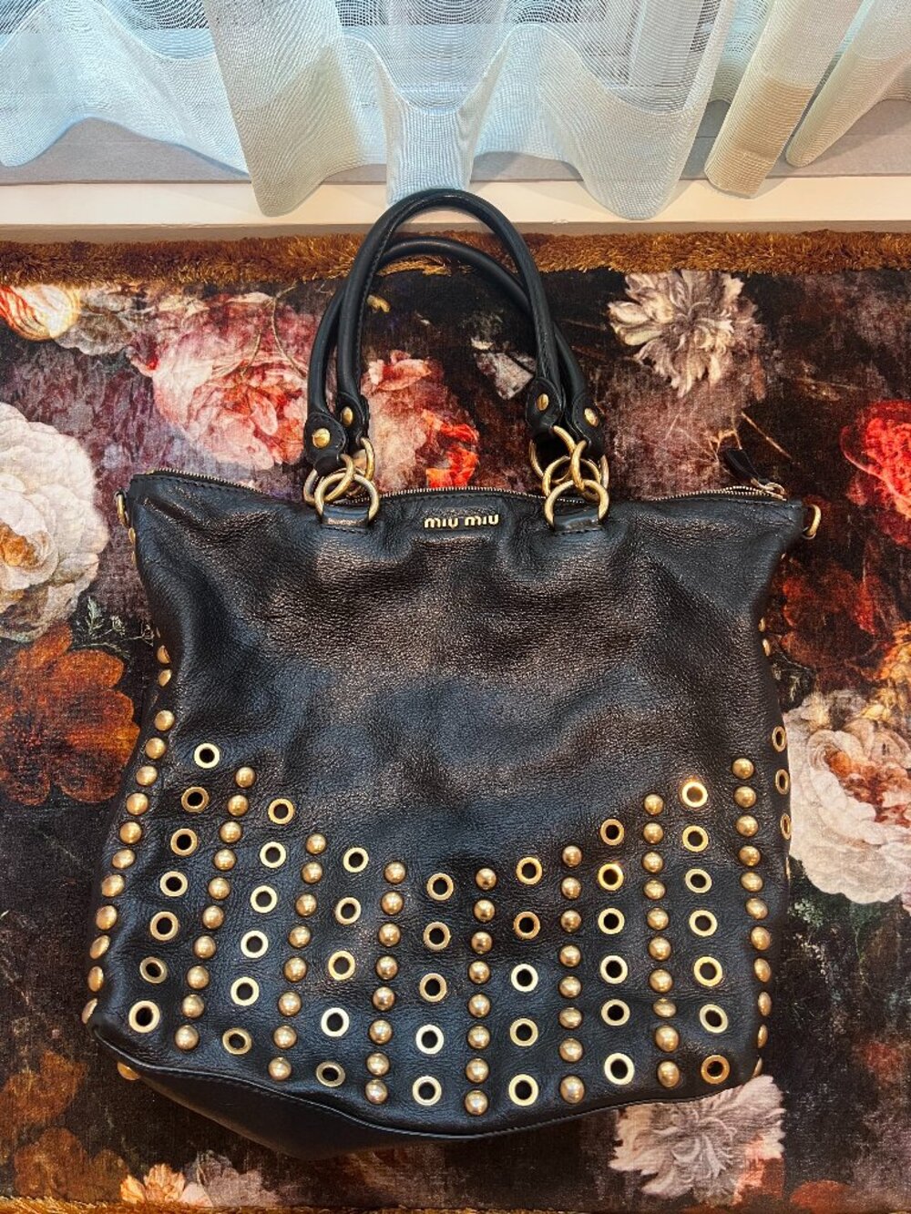 Authentic Miu Miu Black Leather Studded Tote Bag